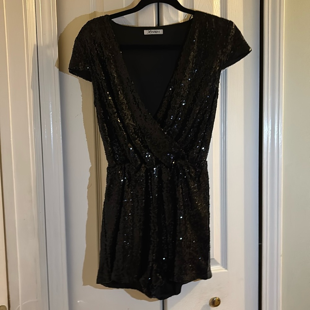 Sequin, M, shorts romper.  Black.